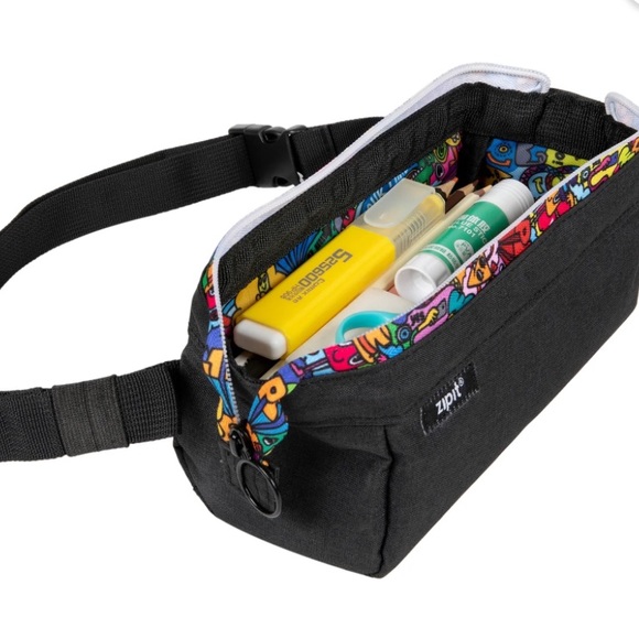 zipit Handbags - ZIPIT Lenny Pencil Case - Black with Colorful Interior and waist strap New!